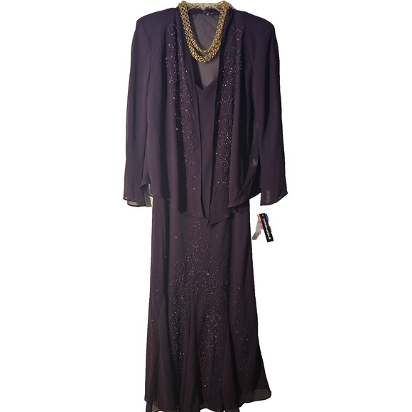 NWT RM Richards Womens Size 10 Plum 2 Piece Long Dress Sequin Mesh Sheer Jacket - Picture 1 of 10